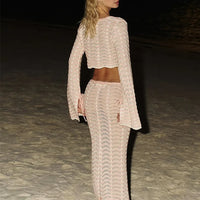 Sexy Knit V-neck Long Sleeve Lace-up Top Beach Half Skirt Two-piece  Summer Women's Casual Outfit Swimsuit Cover Up Set