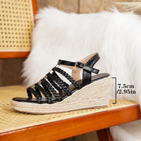 Bohemian Summer Vintage Thick Heel Woven Open Toe Roman Sandals Women's Shoes Ultra-Fibrous Quilted Roman Stilettos