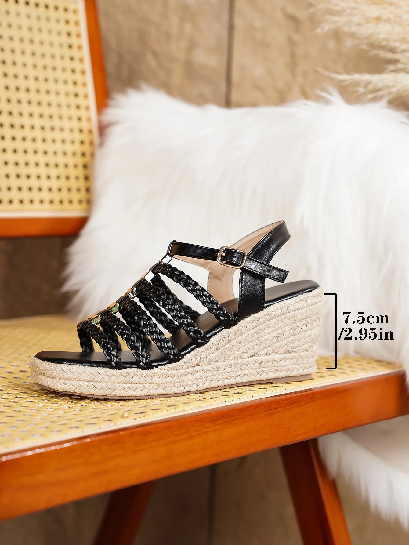 Bohemian Summer Vintage Thick Heel Woven Open Toe Roman Sandals Women's Shoes Ultra-Fibrous Quilted Roman Stilettos