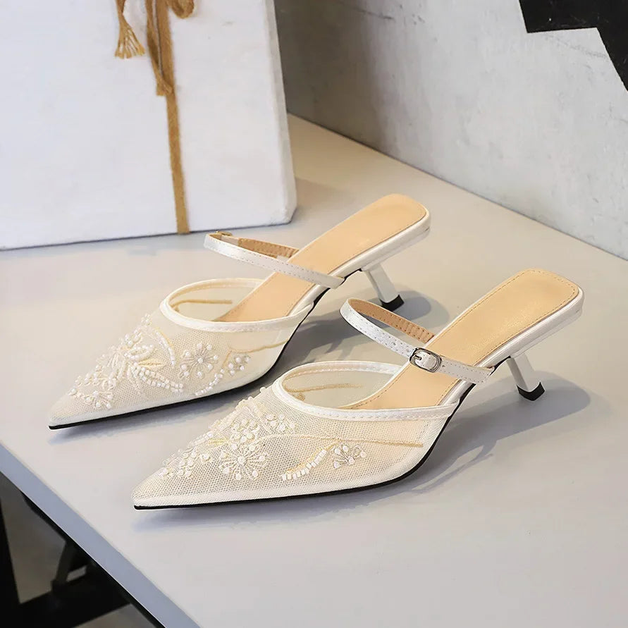 Sexy Embroidered Lace Mesh Slip-On Shoes with Fine Heel And Straps Hollow out Design for Women Fashionable Summer Slippers - Natalia Home Fashion