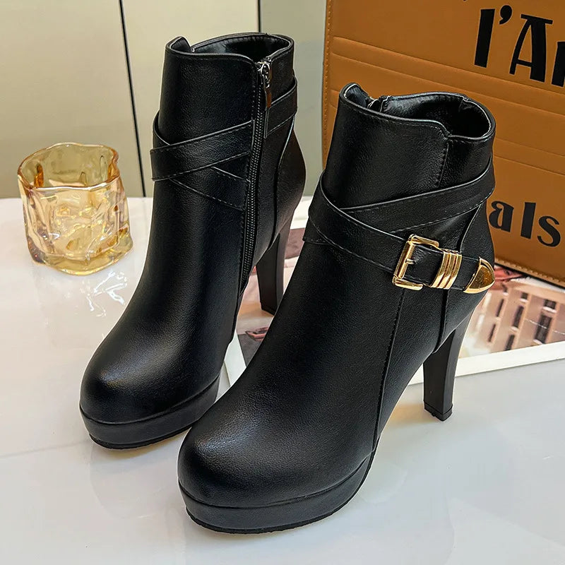 High Heels Women Ankle Boots Side Zip Fall Winter Platform Ladies Boots Fashion Shoes Black Beige Buckle Short - Natalia Home Fashion