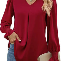 Fashion Simple Solid Color Pullover Shirt Women Loose V-neck Flared Sleeve Shirts Top Female Elegant Commuting Clothing