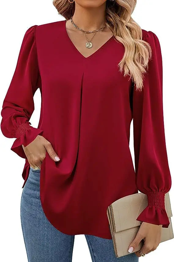 Fashion Simple Solid Color Pullover Shirt Women Loose V-neck Flared Sleeve Shirts Top Female Elegant Commuting Clothing