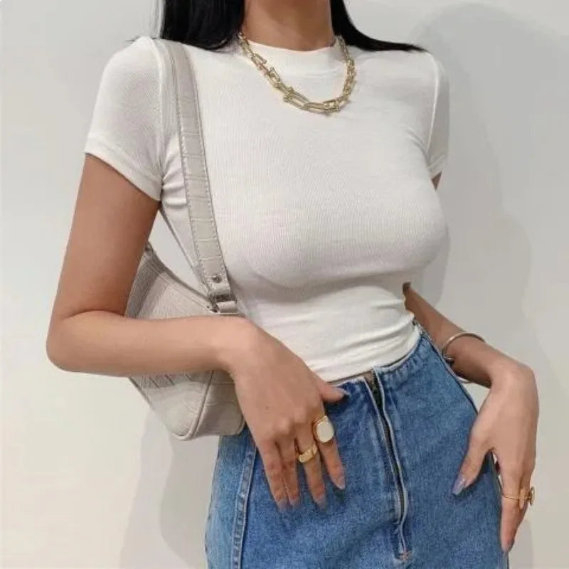 New in Summer Women's Hot Pure Sexy Slim Round Neck Color Short Shoulder Tops Fashionable Casual Wear Grey Short Sleeve T-Shirt Natalia Home Fashion    Natalia Home Fashion
