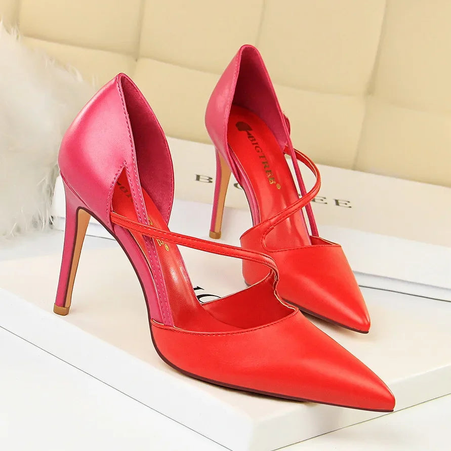 Women 9.5cm High Heels Sandals Nightclub Stripper Heels Sexy Patchwork Party Ankle Strap 2 tone Shoes