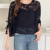 Round Neck Lace Shirt Women's Summer Floral Print Tie Dotted Cotton Blend Full Sleeve Slim Fit Button up Top