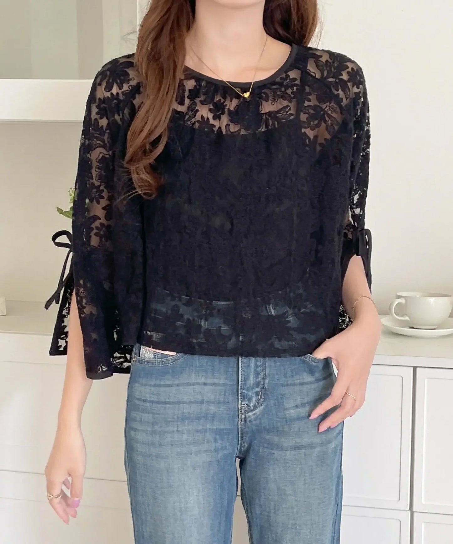 Round Neck Lace Shirt Women's Summer Floral Print Tie Dotted Cotton Blend Full Sleeve Slim Fit Button up Top