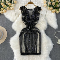 Sexy Sleeveless V-neck mesh sequin Bodycon Dress Chic Women Slim Women Slip Dress