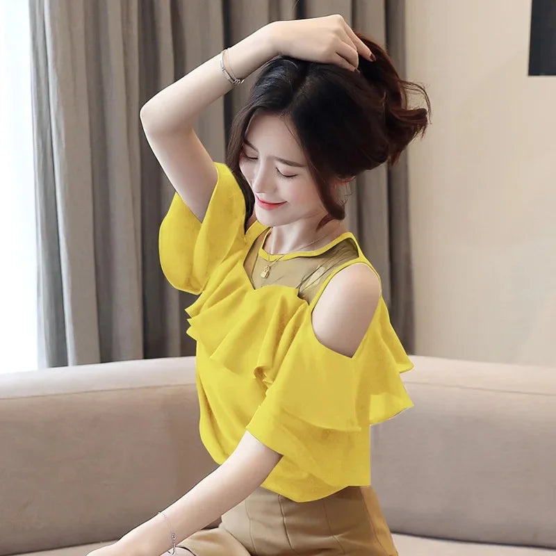 Loose Women's Chiffon Shirt round Neck Pure Color Mesh Five Sleeve Transparent Top Fashionable Small Shirt