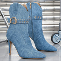 Denim Winter Women's Pointed Sexy Side Zipper, Thin Heel, Ultra High Heel, Leg Show, Long Fashion Short Boots for Women