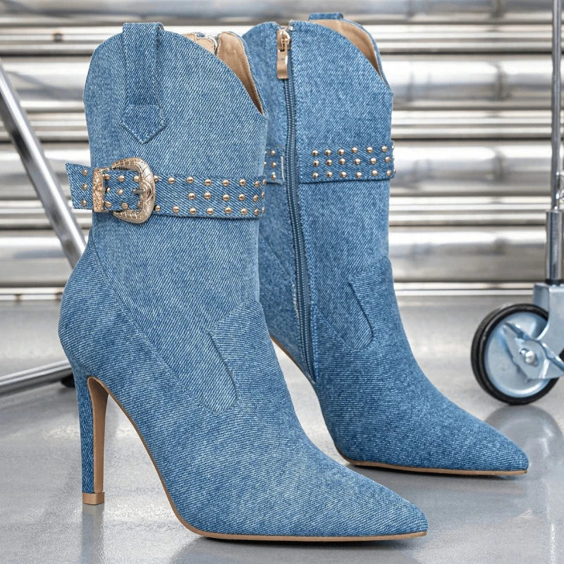 Denim Winter Women's Pointed Sexy Side Zipper, Thin Heel, Ultra High Heel, Leg Show, Long Fashion Short Boots for Women