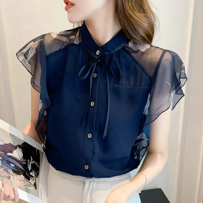 Women flare Short Sleeve blue shirts lady chiffon tops