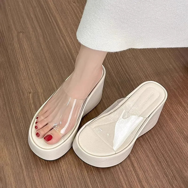 Thick Heel Platform Sandals Women's Summer Casual round Head PVC Material Beach Slippers Transparent Strap Casual Slip-On Shoes