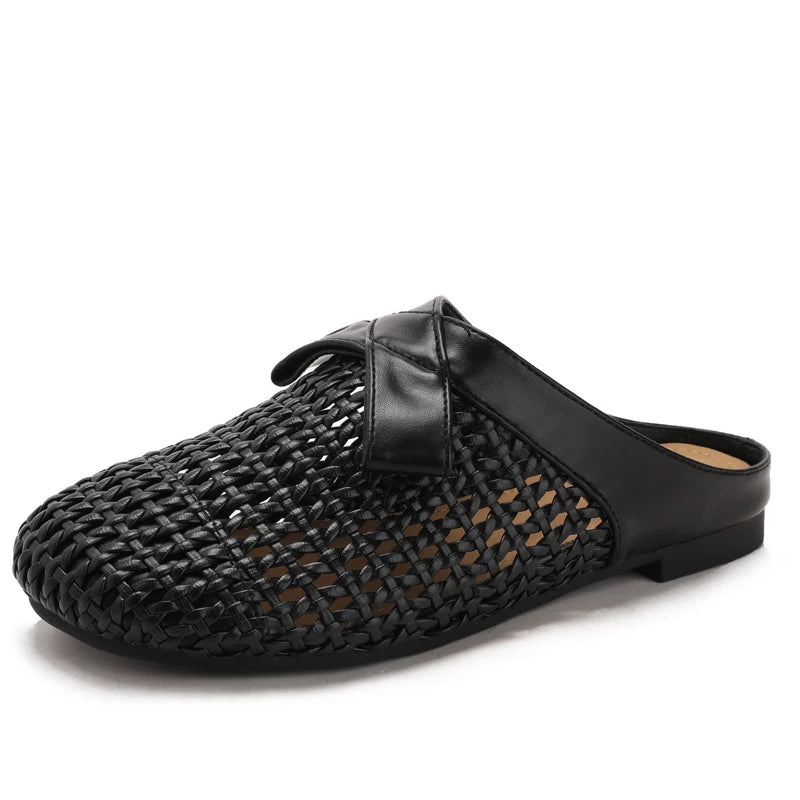 Versatile woven closed-toe sandals with bow and hollow-out design, new summer breathable soft-soled women's sandals