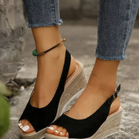 Women's Platform Sandals Summer New Large Size Fish Mouth Slope Heel Stones Pattern Shoes Thick Bottom Clog Casual Slip-On