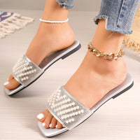 Small Fragrant style flat bottomed plus size slippers for women square headed rhinestone pearl fashionable casual slippers