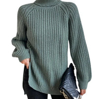 Turtlenecks Women Pullovers Mid-Long Casual Knit Sweater Fad Raglan Sleeves Side Slit Sweater New Skirt-style Jumper