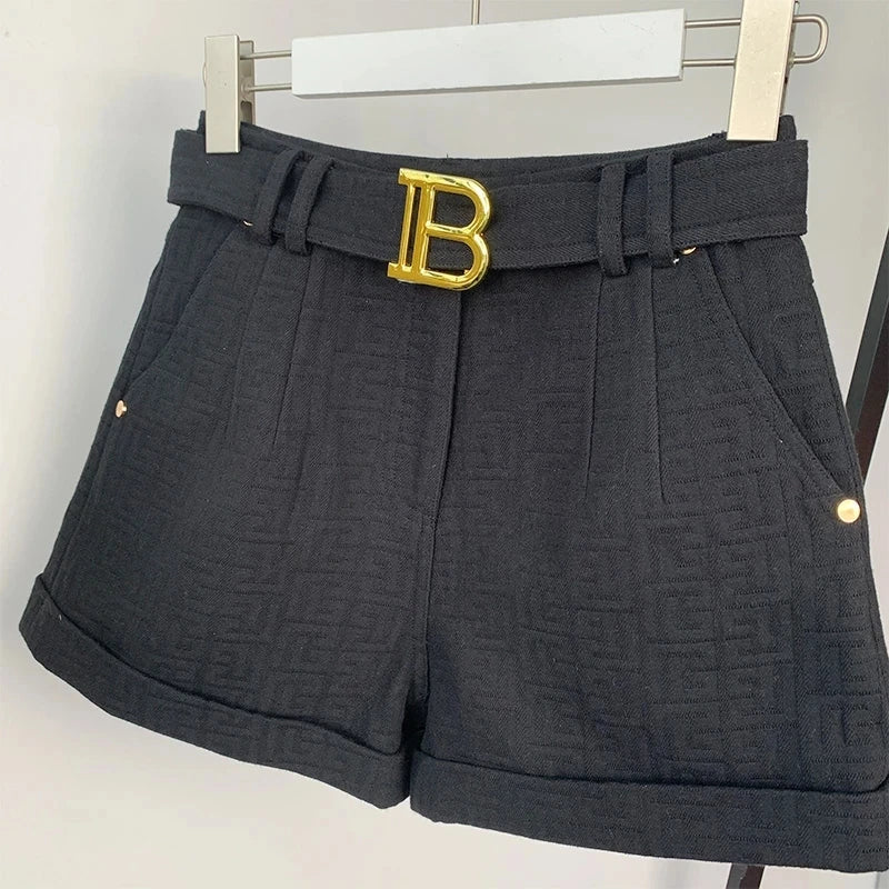 Texture Washed Denim Shorts for Women with Belt Casual Style Quality Jeans Trousers shorts