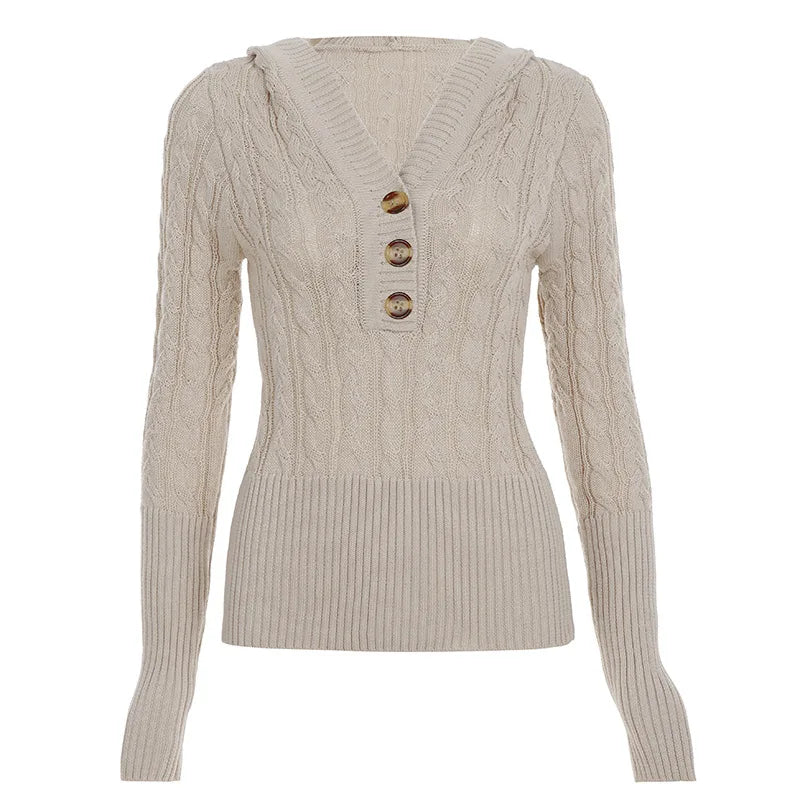 Casual And Relaxed Three-button Hooded Jumper For Women Thickened Knit Cable-knit Vintage Waist-cinching Cardigan