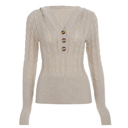 Casual And Relaxed Three-button Hooded Jumper For Women Thickened Knit Cable-knit Vintage Waist-cinching Cardigan