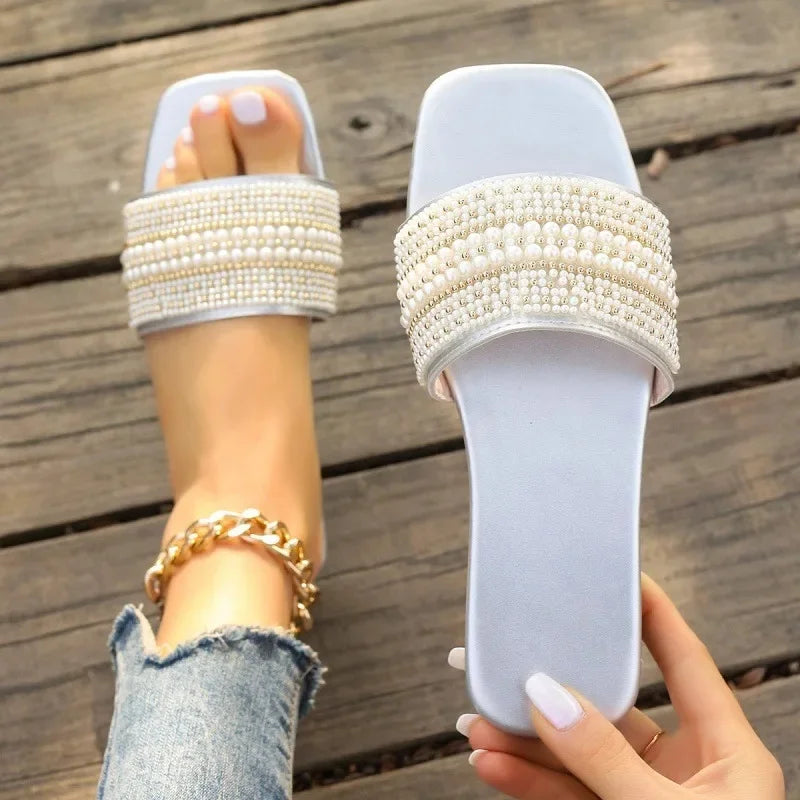 Flat Bottom Sandals Women's Fashionable Pearl Casual Beach Slippers Comfortable Rubber Upper Footwear - Natalia Home Fashion