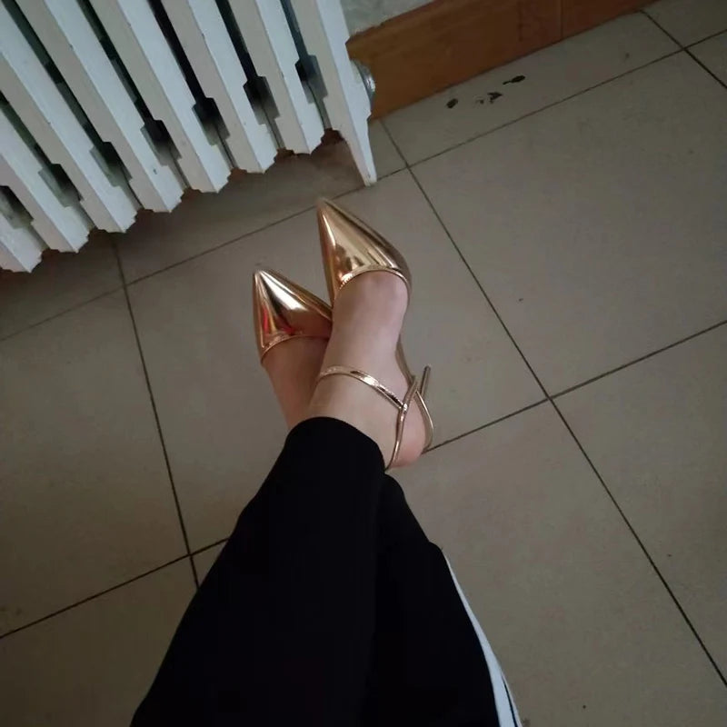 Women 10.5cm High Heels Sandals Lady Metallic Gray Patent Leather Stripper Ankle Strap Sandals Wedding Fetish Nightclub Shoes