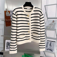 Chic Striped O Neck Sweaters Women Autumn Winter Korean Fashion Long Sleeve Knitwear Coats Single Breasted Knitted Cardigans Natalia Home Fashion    Natalia Home Fashion