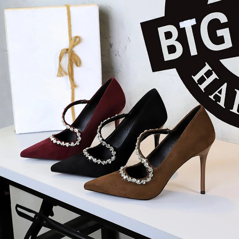 Banquet Pointed Toe High Heels Diamond Chain One-Strip Thin Heel Super High Heels Light Mouth Elegant Lace-Up