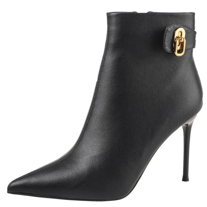 Slimming High Heel Short Boots Women's Pointed Toe Thin Heel Elegant Fashion Ankle Boots Style Fur Lined - Natalia Home Fashion