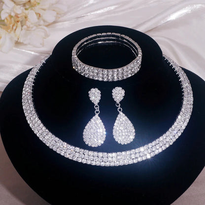 Luxury Round Rhinestone Necklace Set for Women Classic Silver Color Necklace Bracelet Earring Jewelry Set Bridal Wedding Jewelry Natalia Home Fashion    Natalia Home Fashion
