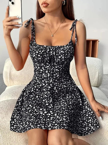 Women's Summer Floral Spaghetti Strap Beach Short Dress, Sweet Waist Floral A-line Mini Dress Loose Fit Casual Dress Natalia Home Fashion    Natalia Home Fashion