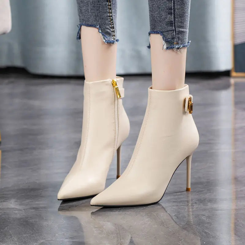 Slimming High Heel Short Boots Women's Pointed Toe Thin Heel Elegant Fashion Ankle Boots Style Fur Lined - Natalia Home Fashion