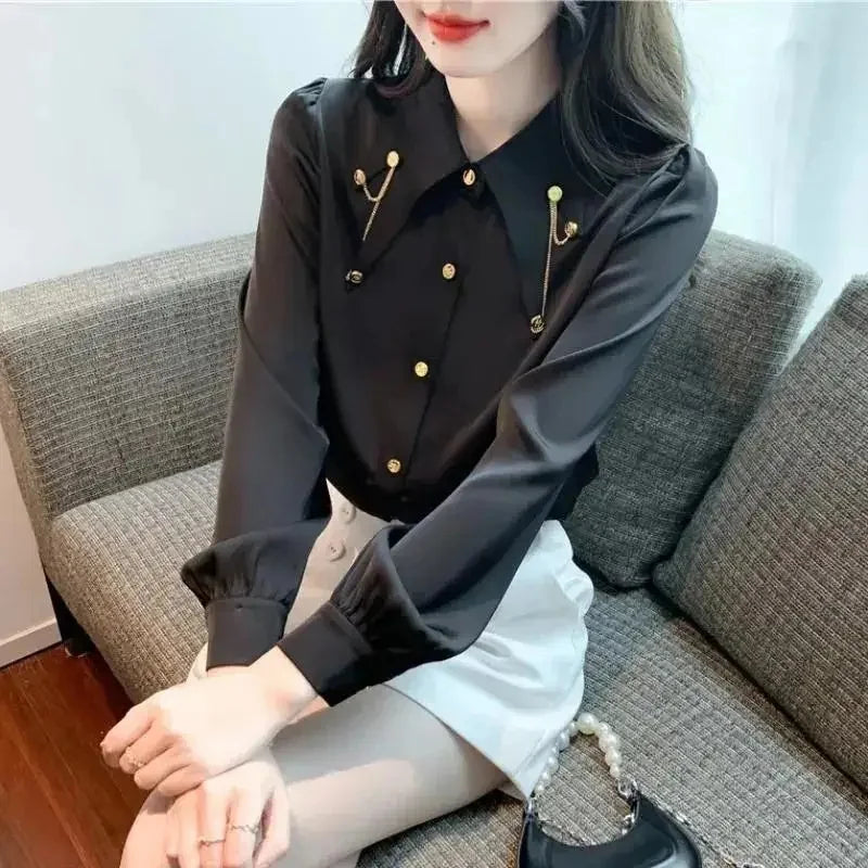 Early Pure Color Long Sleeve Polo Collar Women's Shirt Inner Wear French Style Elegant