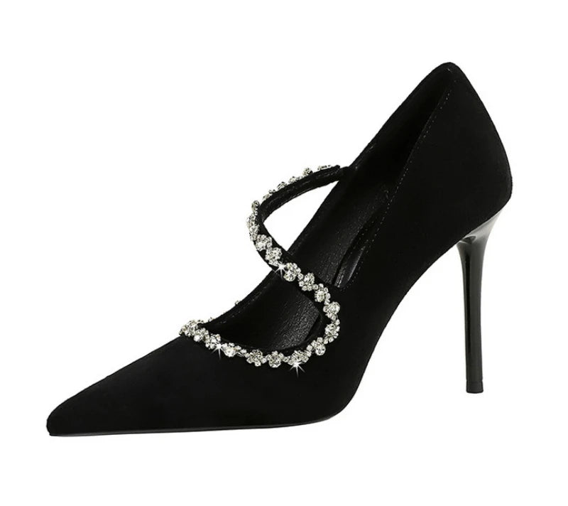 Banquet Pointed Toe High Heels Diamond Chain One-Strip Thin Heel Super High Heels Light Mouth Elegant Lace-Up