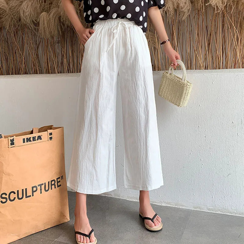 Casual Baggy Wide Leg Trousers Women Summer Thin Comfy Breathable Ankle Length Pants Vintage Loose Cotton Linen Straight Pants