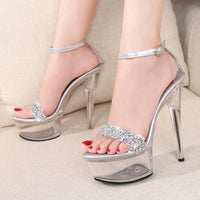 Fine Heel Crystal Women's Sandals Summer New 14.5 Cm High Heels Sexy Comfortable Ladies Wedding Shoes Catwalk Pole Dance
