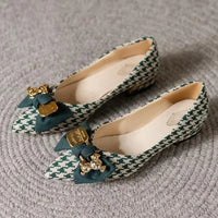 Pointed Toe Slip on Pumps Women's Low Heel Shoes with Bow Tie Shallow Metal Decoration & Versatile Plus Size Shoes