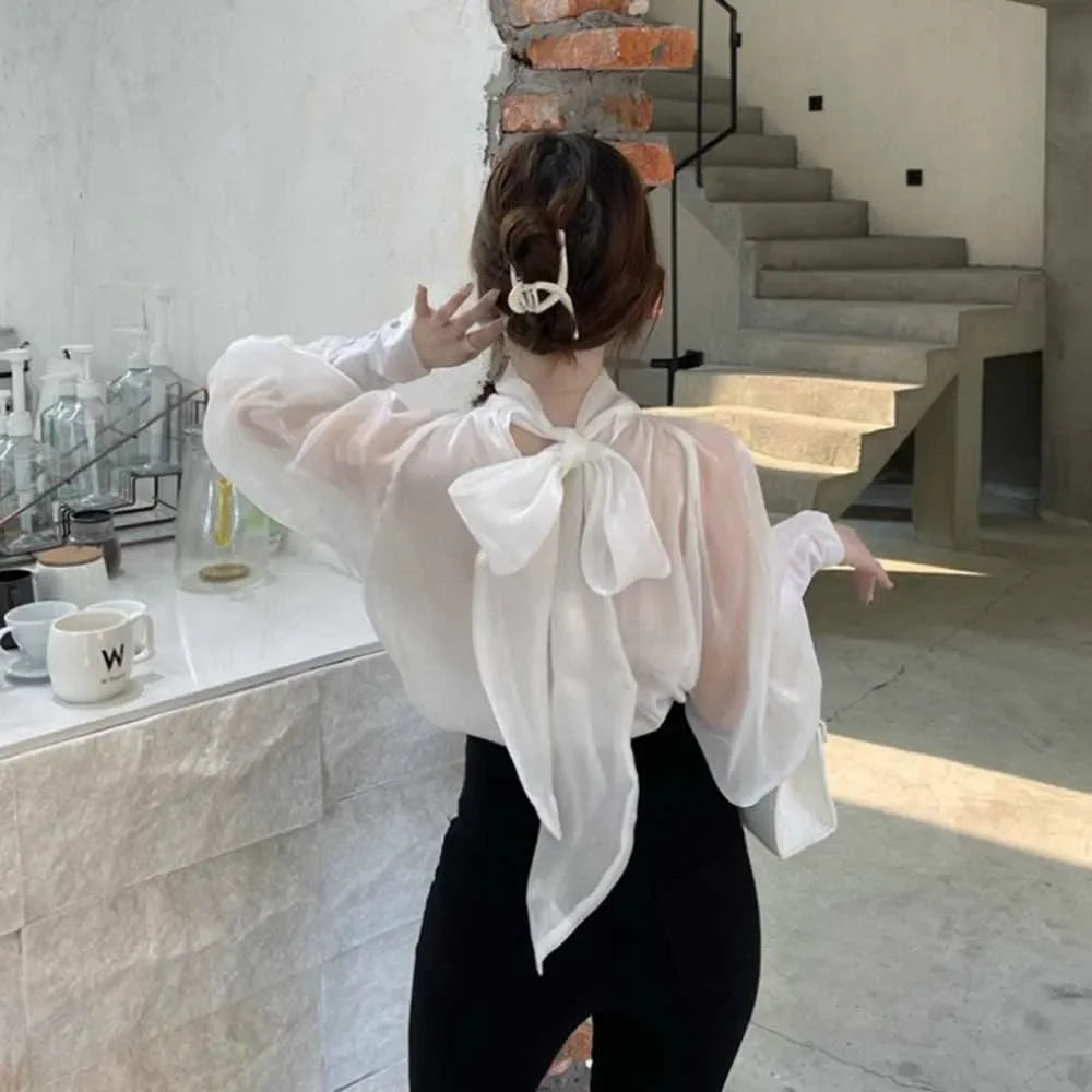 Style Shirt Female Bow Tie Collar Retro Bubble Long-Sleeved Elegant Blouse Women translucent