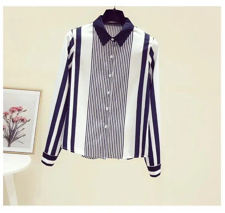 Office Lady Turn-down Collar Straight Loose Button Dress Shirts Blue Striped Long Sleeve Blouses Spring Thin Women's Clothing