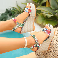 Bohemian Thick Heel Platform Sandals Women's Flip Flops Flower Ribbon Beach Shoes Comfortable round Toe Roman Style