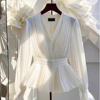 Autumn New Korean Style Temperament V-neck Long sleeved Blouse Women Top Light Mature French Luxury Slim White Shirt for Women Natalia Home Fashion    Natalia Home Fashion