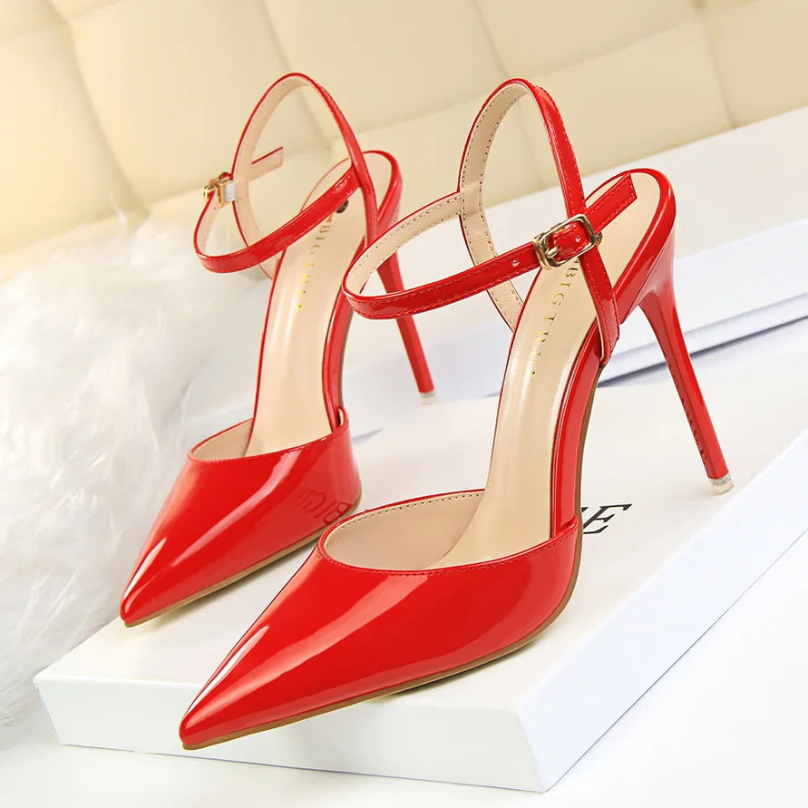 Women 10.5cm High Heels Sandals Lady Metallic Gray Patent Leather Stripper Ankle Strap Sandals Wedding Fetish Nightclub Shoes