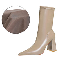 Mid-Calf Boots Chunky Block Heels Women Boots Pointed High-Heeled Boots Lady Pu Leather Boots Autumn Winter Shoes