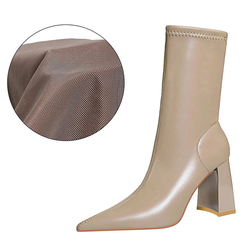 Mid-Calf Boots Chunky Block Heels Women Boots Pointed High-Heeled Boots Lady Pu Leather Boots Autumn Winter Shoes