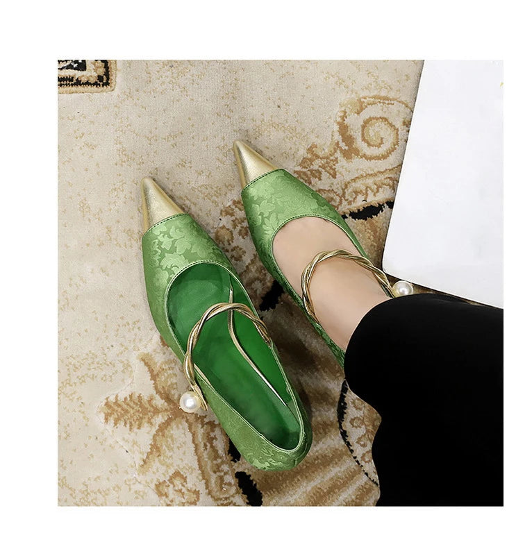 Metal Decoration Buckle Strap Women's Low Thin Heels Pumps Pointed Toe Wedding Party Shoes