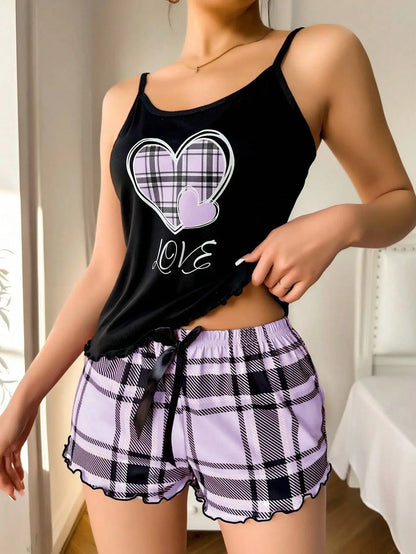 Women Sexy Suspender Shorts Thin Pajamas Letter Print Plaid Shorts Large Pajamas Romantic Home Wear Sexy Nightwear Short Pajama