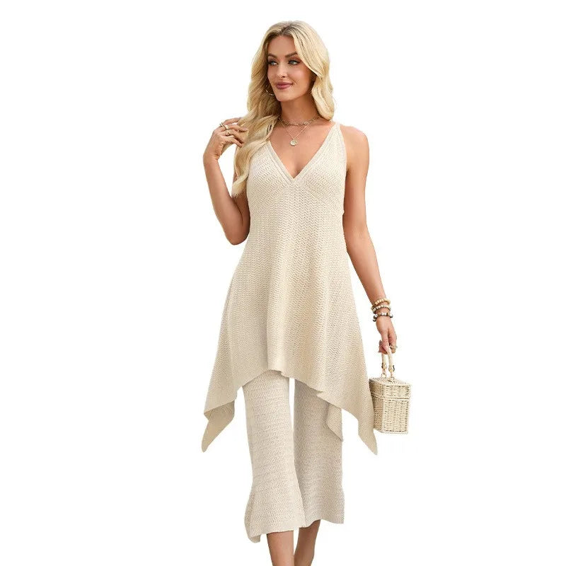 Casual Pants Ensemble Femmes Sleeveless Top Wide Leg Trousers Women's Matching Sets Beige Long Pants Black Knit Pants 2 Piece Natalia Home Fashion    Natalia Home Fashion