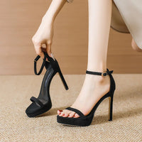 Brand Design Ankle Straps Women Sandals 11Cm Open Toe Platform Party Pumps Flock Leather High Heels