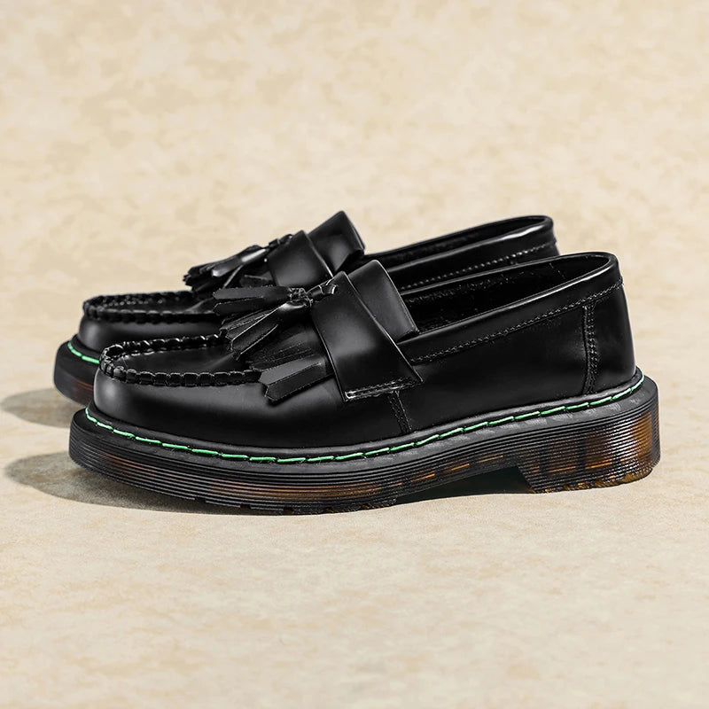 British Style Loafers Casual Round Toe Tassel Women's Leather Low Top Shoes Fashionable Slip-On Shoes