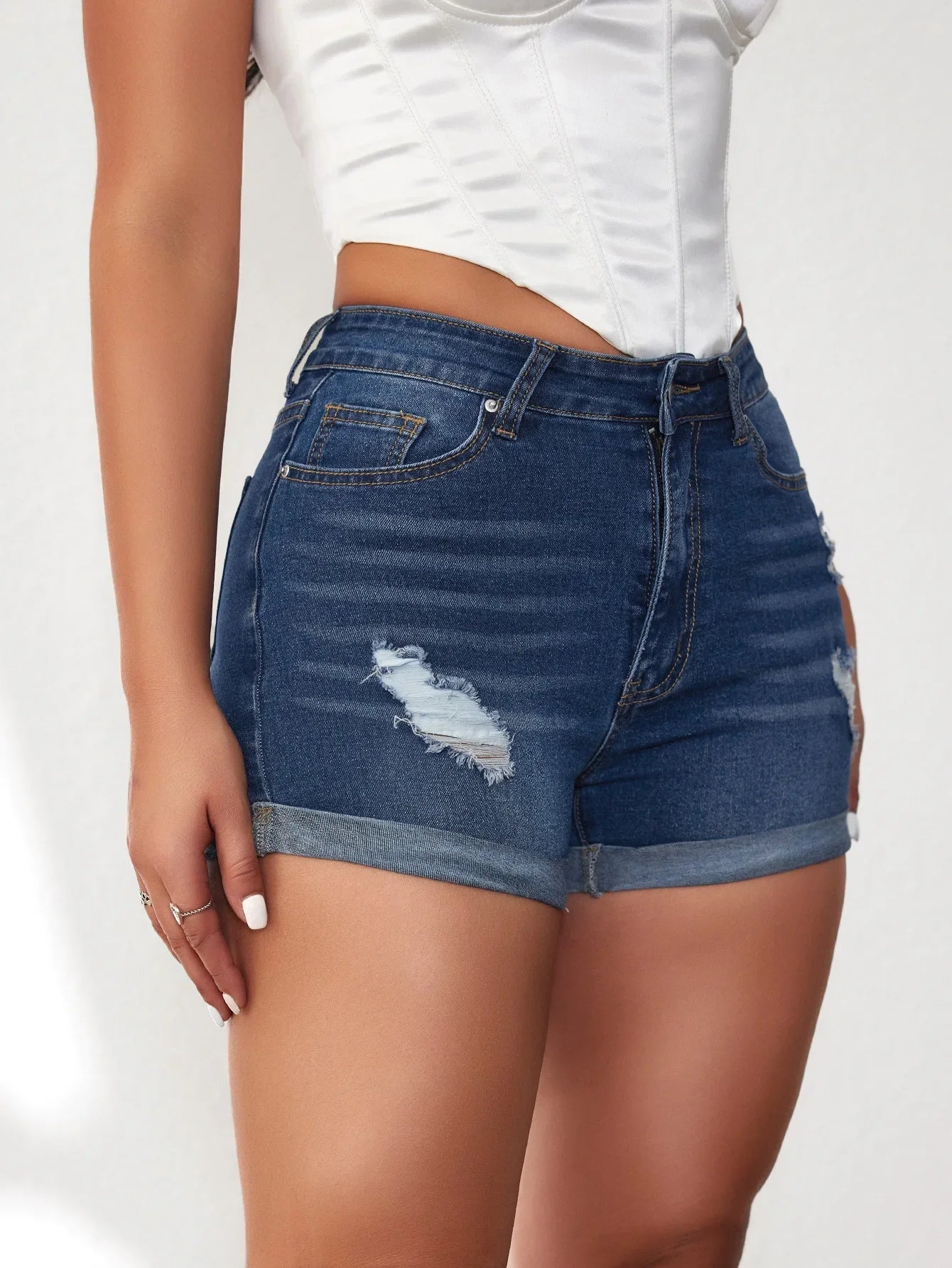 Summer A- Line Women's Denim Shorts High-Waisted Slimming Wide-Leg Rolled Edge Casual Style Blue Stretch Jeans